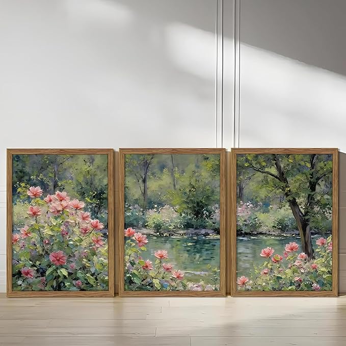 Framed Monet Wall Art Set of 3, Impressionist Botanical Floral Canvas Wall Decor, Vintage Cottagecore Artwork Paintings, Nature Landscape Flowers Prints Pictures for Living Room Bedroom 16x24 Inch