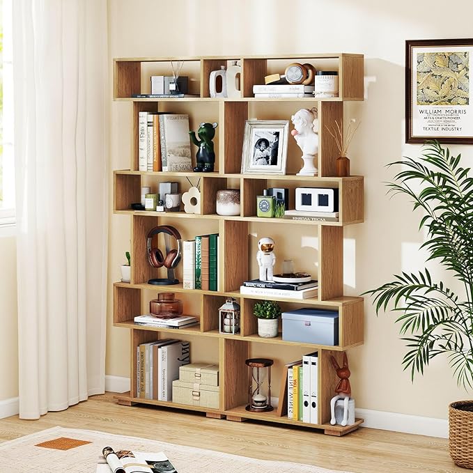 Giantex 6-Tier Geometric Bookshelf, S-Shaped Bookcase with 2 Anti-Tipping Kits, Wooden Display Shelf, Decorative Storage Shelving Unit, Home Storage Organizer for Office Living Room (1,Natural)
