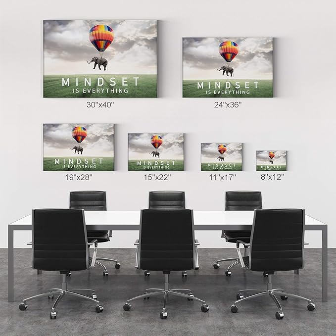 Smile Art Design Mindset is Everything Quote Elephant with Balloon in Sky Motivational Wall Art Canvas Print Inspirational Wall Art Entrepreneur Quote Office Decor Artwork Gift Ready to Hang 19x28