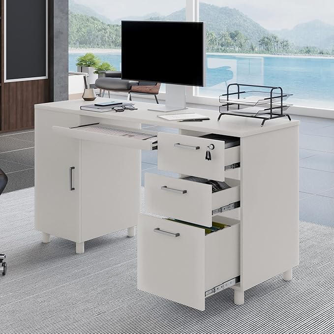Modern Design Venice Computer Office Desk with 3 Locking Drawers and Storage Cabinet, 53 Inch Home and Office Executive White Desk with Keyboard Tray by Crafts and Comfort