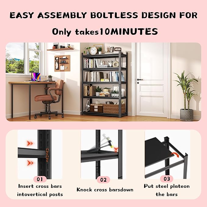 40" W*77" H Book Shelf,6 Tier Metal Wide Bookshelf,Heavy Duty Book Shelfs,Adjustable Shelving Unit,Tall Bookcase,Industrial Bookshelf for Living Room,Bedroom,Office and Library