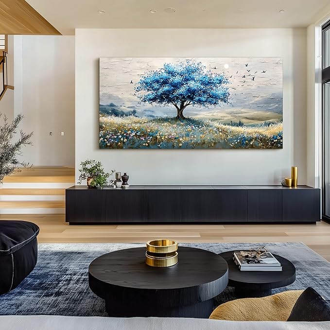 SERIMINO Tree of Life Large Wall Art, Country Landscape Canvas Art Prints, Blue Tree Nature Artwork for Walls, Modern Wall Pictures for Living Room Bedroom Dining Room, Rustic Farmhouse Decor 29"X57"