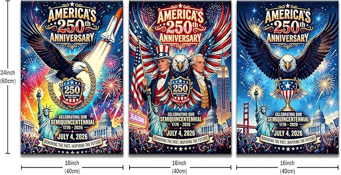 DINGFUN Semiquincentennial 3 Panel Canvas Art, USA 250th Anniversary Patriotic Wall Decor, 1776-2026 American Flag Eagle Framed Painting for Home Bedroom and Office Decor, 48x24 Inch