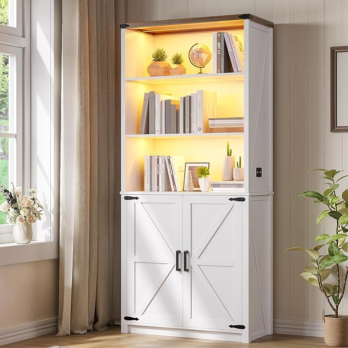 HWB 2PS Bookshelf and Bookcase with Doors, Farmhouse 5 Tier Book Shelves with Storage Cabinet, Floor Standing Bookcases with 3-Color Lights for Home Office, Living Room, Bedroom, White