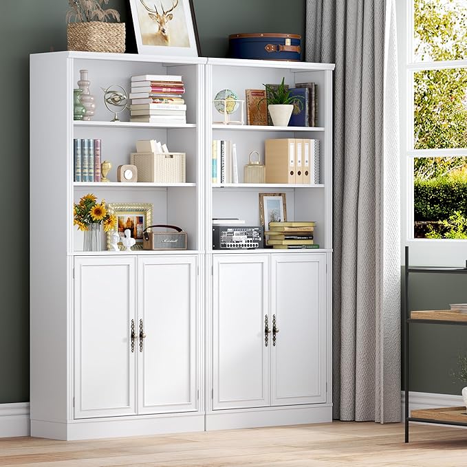 70.1" Tall Bookshelf with Cabinet, 5-Tier Floor Standing Bookcase with Doors & Adjustable Shelves, 31.5" Wide Storage Shelf, Metal Handles, Modern Organizer for Home Office, Living Room