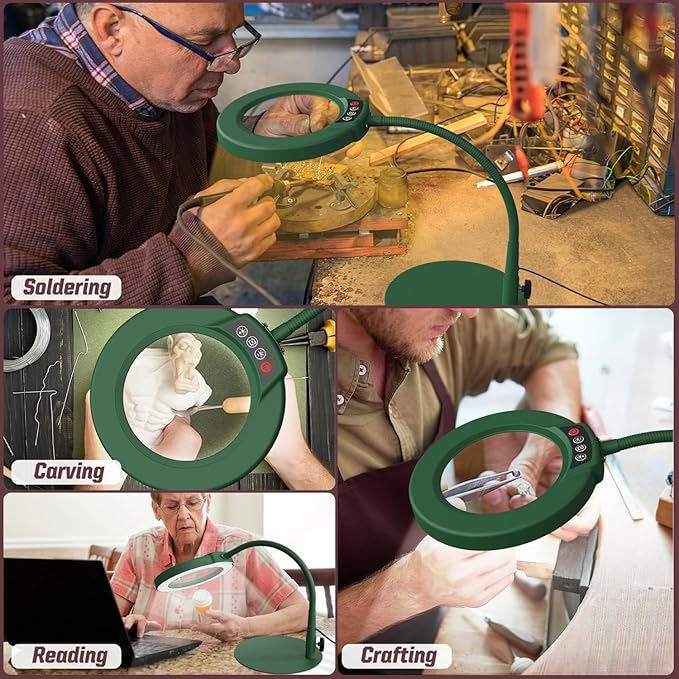 10X Magnifying Glass with Light and Stand, 5 Color Modes Stepless Dimmable LED Lighted Desk Lamp, Hands Free Flexible Gooseneck Magnifier with Light for Craft Hobby Painting Close Work - Green