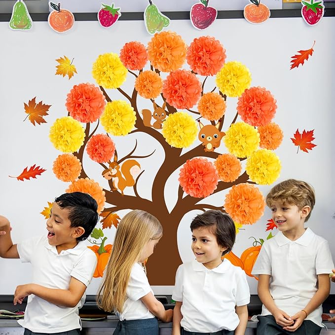 Fall Thanksgiving Tree Bulletin Board Set Decorations for Classroom Autumn 3D Tree Bulletin Board with Maple Leaf Pumpkin Cutouts for Fall Thanksgiving Party School Nursery Classroom Blackboard Decor