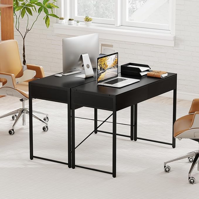Giantex Computer Desk with 2 Drawers, 44 Inch Home Office Desk with Anti-Toppling Device & Metal Frame, Compact Laptop PC Table, Makeup Vanity Table, Modern Study Writing Desk for Small Spaces (Black)