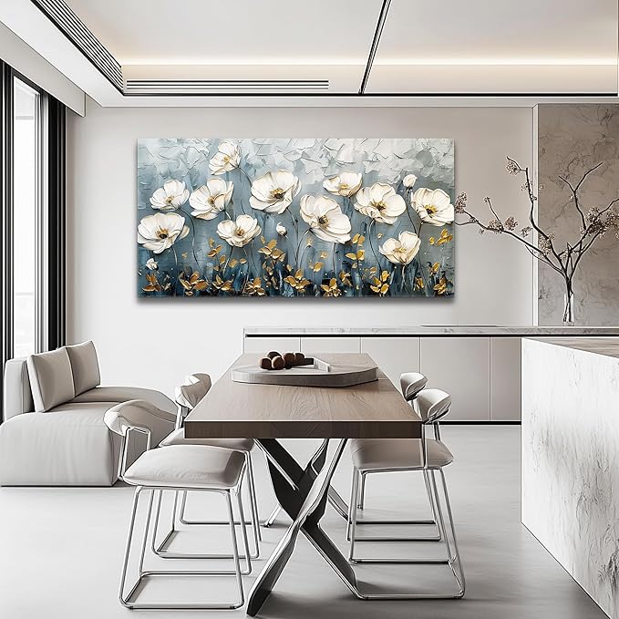 QIYILEXWART Large Wall Decor For Living Room Canvas Wall Art For Office Modern Wall Decorations For Bedroom Textured White Flower Landscape Painting Farmhouse Pictures Artwork Room Home Decor 24x48