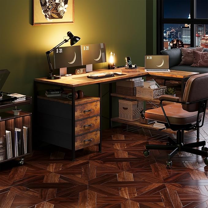 Simple Deluxe L Shaped Gaming Desk with Power Outlets, 47 Inch Computer Desk with 3 Drawers, Shelves, Corner Computer Desk for Gaming, Corner Work, Home Office, Study, Rustic Brown