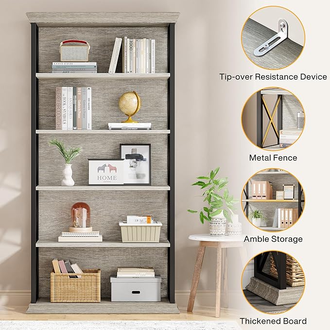 Tribesigns 6-Tier Bookcase Set of 2, 71 Inches Industrial Bookshelves and Bookcases, Floor Standing 5 Shelf Display Storage Shelves Tall Bookcase for Home Office, Living Room, Bed Room, Grey