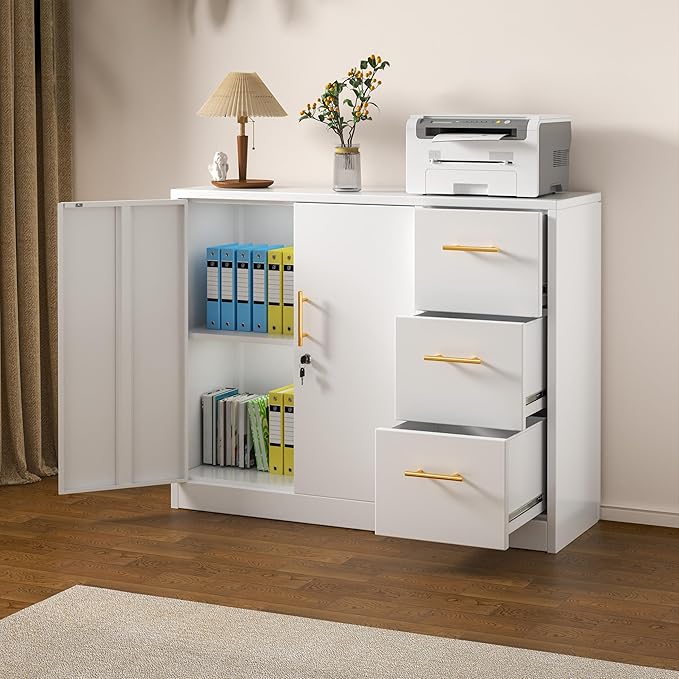 Metal Sideboard Buffet Cabinet, Storage Cabinets with 3 Drawers and Shelf, White Locking Steel File Storage Cabinet, Kitchen Cabinet Cupboard Pantry for Office Dining Living Room Kitchen Garage