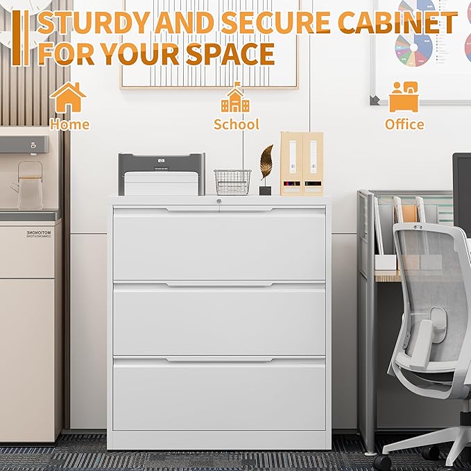 3-Drawer Metal File Cabinet with Lock,Steel Printer Stand with Storage for Home Office,Lateral Filing Cabinet for Legal/Letter/A4 Files,Assembly Required(35.43''W-3 Drawers,White)