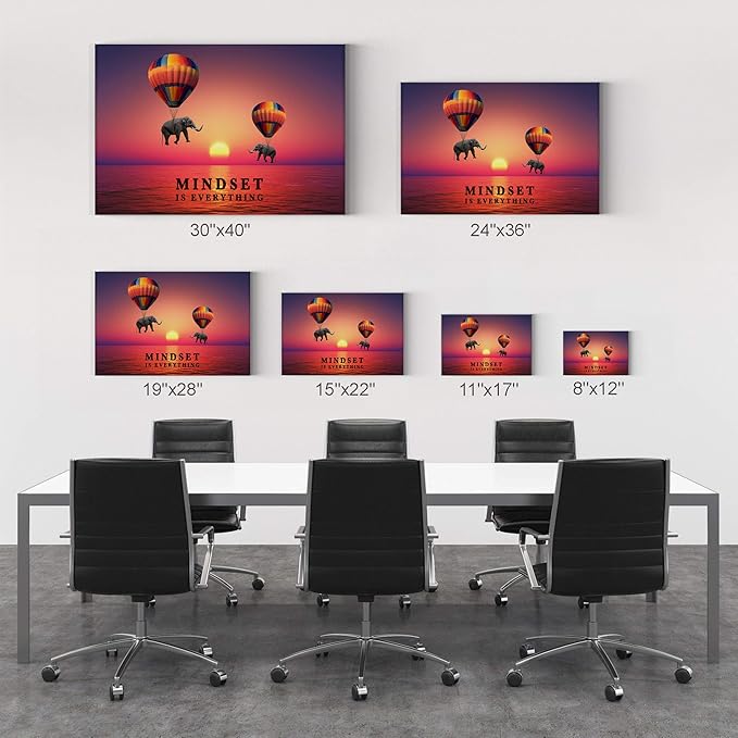 Smile Art Design Mindset is Everything Elephant with Balloon in Sunset Motivational Wall Art Canvas Print Inspirational Wall Art Entrepreneur Quote Office Living Room Decor Gift Ready to Hang 11x17
