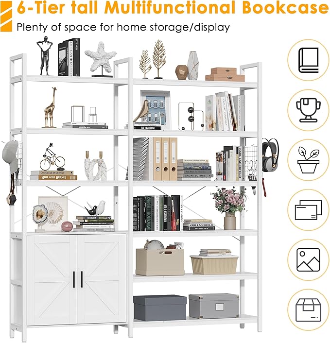 Semoic 6-tire Farmhouse White Corner Book Shelf with 2 Barn Doors and 10 Storage Shelves, 71.3" Tall Convertible Etagere Bookcase with Storage Cabinet, Large L Shaped Bookshelf for Living Room(White)