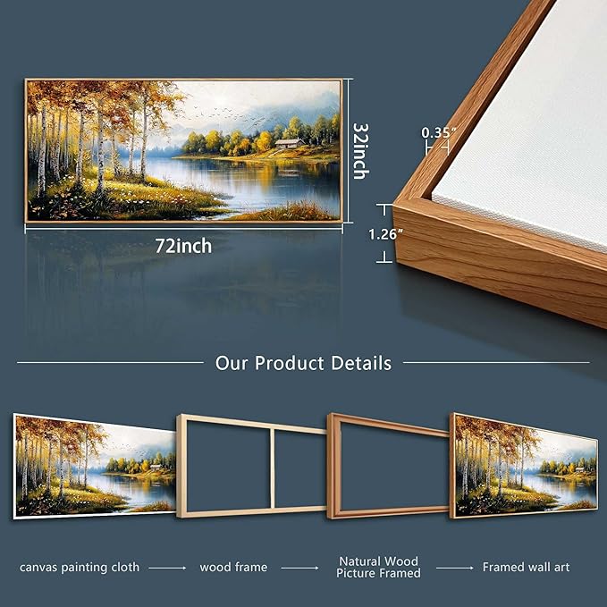 ERQINHUA Large Canvas Forest Landscape Painting Wood Framed Wall Art Living Room Wall Decor For Bedroom Lakeside Watercolour Wall Pictures Artwork Picture Office Restaurant Home Decoration 32x72 In