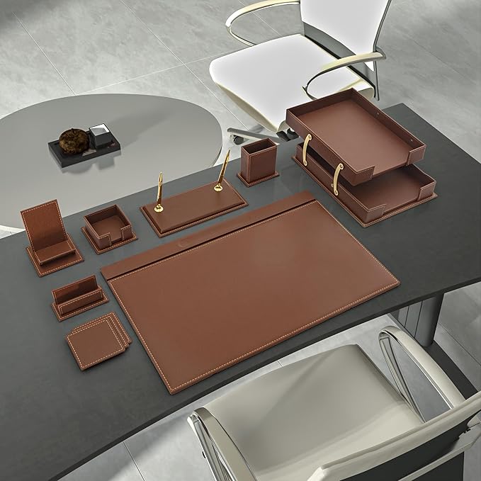 MOOGCO 12-Piece Leather Desk Set — Desk Pad 23.2" x 15.4", Double Document Tray, Pen Holder — Desk Organizer Set for Home Office & Executive Desk Accessories