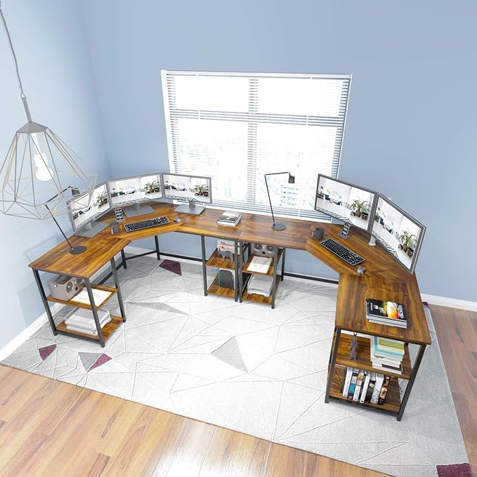 Elephance Large L-Shaped Computer Desk with Shelves, Corner Desk, Home Office Writing Workstation, Gaming Desk PC Latop Table with Storage