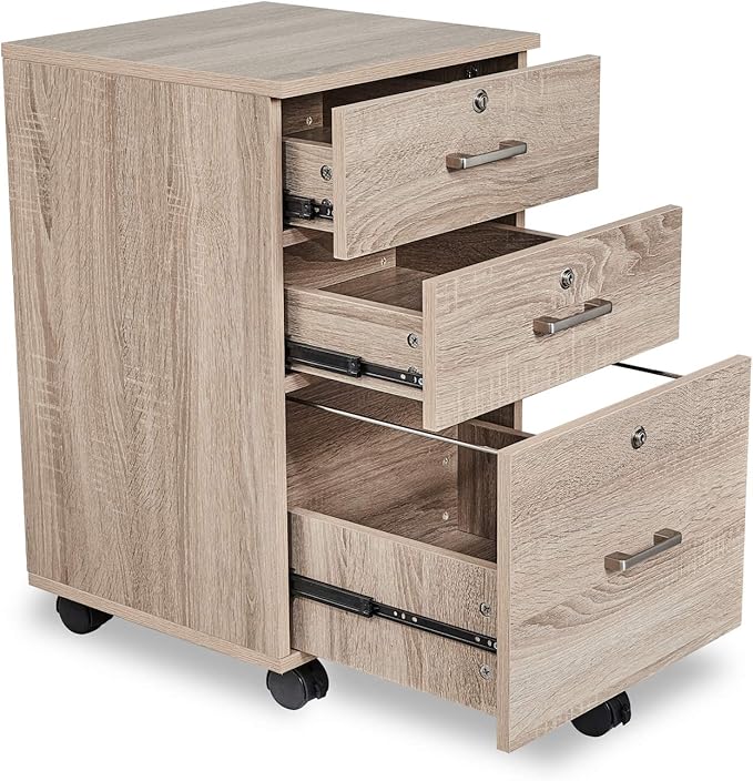 Bonnlo 26"H 3 Drawer File Cabinet with Lock, Rolling File Cabinet Under Desk, Mobile File Cabinets for Home Office, Wood File Cabinet Printer Stand for Letter Size File Folders, Assembly Required, Oak