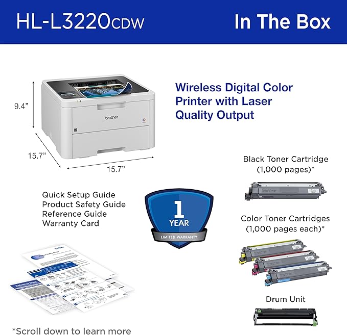 Brother HLL3220CDW Wireless Compact Color Laser Printer, Duplex and Mobile Device Printing | Includes 2 Month Refresh Subscription Trial¹, Amazon Dash Replenishment Ready (Renewed Premium)