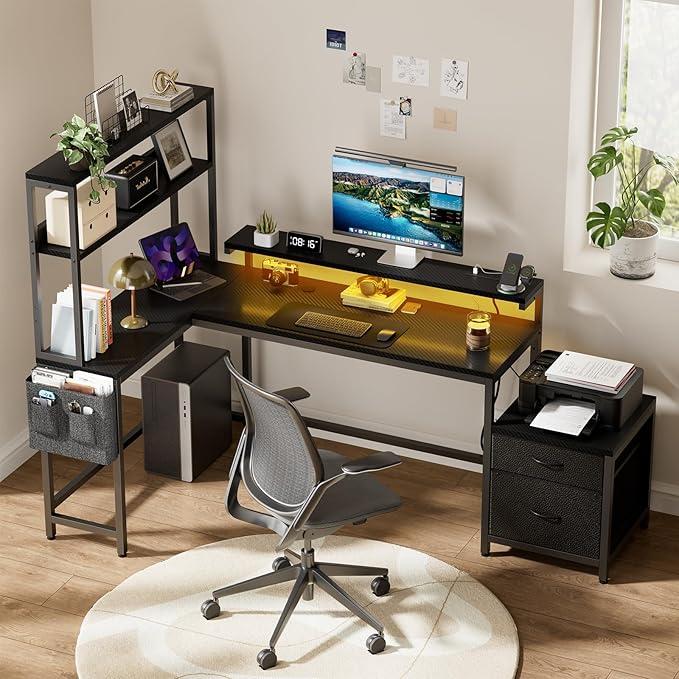 REAHOME 70 Inch L Shaped Desk with File Drawers and Reversible Storage Shelves, Computer Desk with Power Outlet & LED Strip, Home Office Desks, Writing Study Desk for Bedroom, Carbon Fiber Black