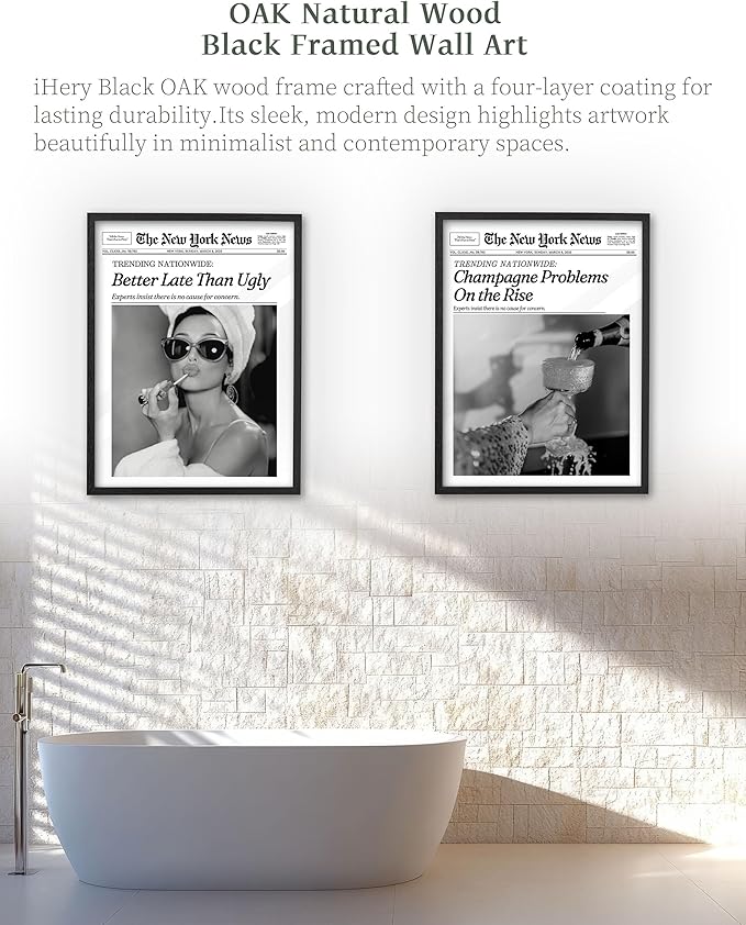 iHery Small Premium Natural Black OAK Wood 8x10in Audrey Hepburn Trendy Framed Wall Art, Vintage Funny Better Late Than Ugly Canvas Bathroom Wall Decor Essential,Girly Dorm Bedroom Living Room 1Pack