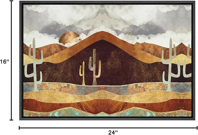 SIGNFORD Framed Canvas Print Wall Art Brown Desert Canyon with Cacti Abstract Wilderness Illustrations Modern Art Rustic Scenic Colorful for Living Room, Bedroom, Office - 16"x24" Black