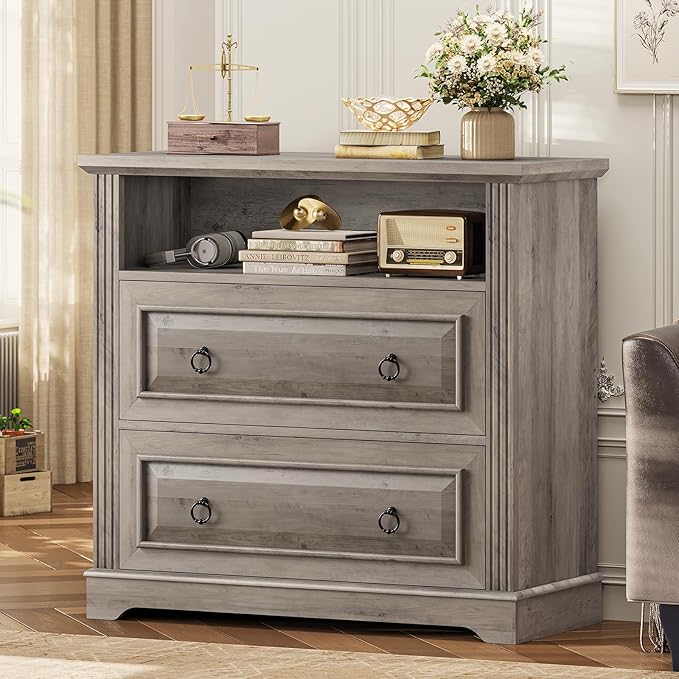 Itaar 2 Drawer File Cabinet, Farmhouse Filing Cabinet for Home Office Fits Letter, Legal, A4 Size, Wood Lateral File Cabinet with Printer Stand, Storage Shelf, Grey