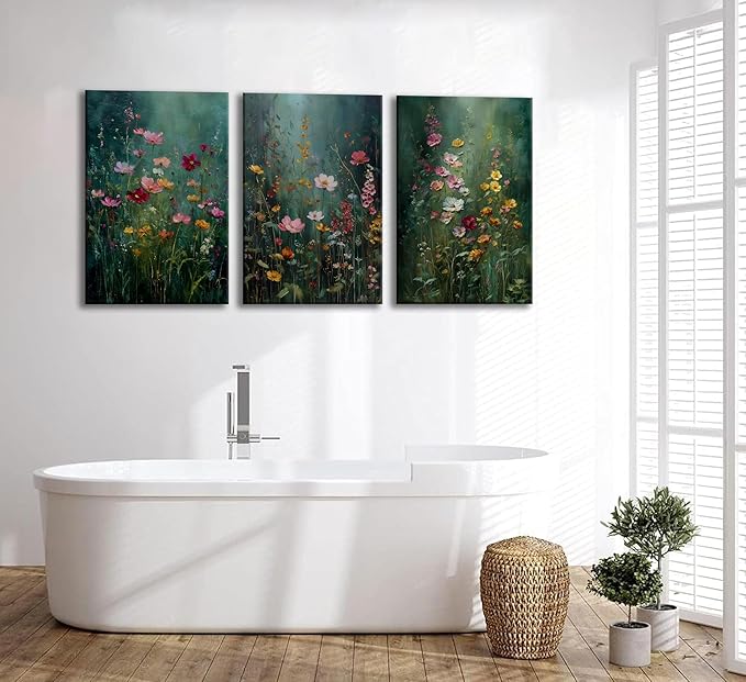 3Pcs Dark Green Floral Canvas Wall Art Moody Wildflowers Poster Prints Vintage Nature Rustic Botanical Flowers Pictures for Bedroom Living Room Office Bathroom Wall Decor 12x16in Framed