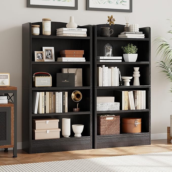 5-Shelf Multi-Functional Modern Wood Bookcase with Curved Design, Dust-Proof Baffle, and Sturdy Construction for Home Office, Black