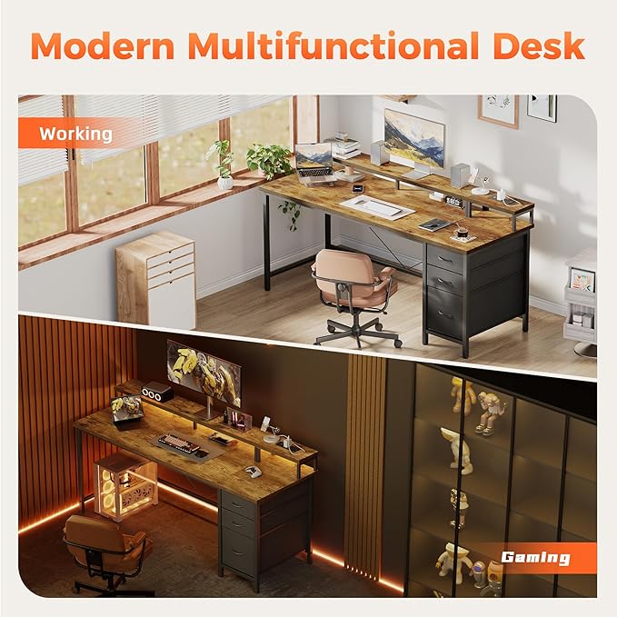 Mericonia Computer Desk 55 inch with Power Outlets & LED Lights, Gaming Desk with 3 Drawers for Home Office, Small Desk with Monitor Stand for Small Spaces, Study Writing Desk