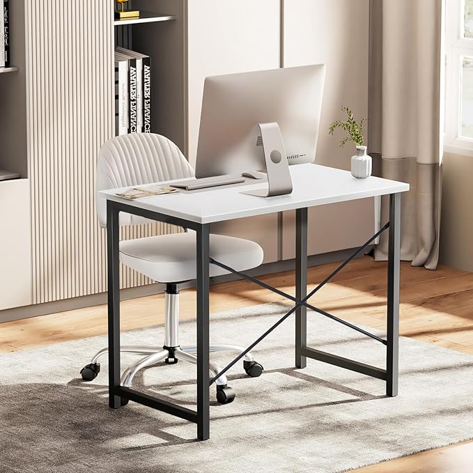 OLIXIS 55 Inch Computer Office Desk for Small Spaces, Writing Gaming Work Desk Modern Study Table with Metal Frame Home Bedroom, White