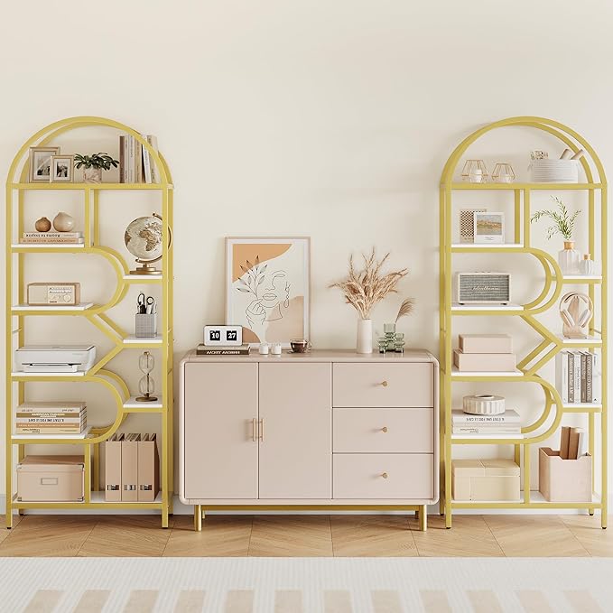 IDEALHOUSE Bookshelf 6 Tier Arched Bookcase 81.7in Tall Display Racks Geometric Open Storage Shelf Unique Book Rack Metal Frame Large Modern Book Shelf for Bedroom, Living Room, Home Office