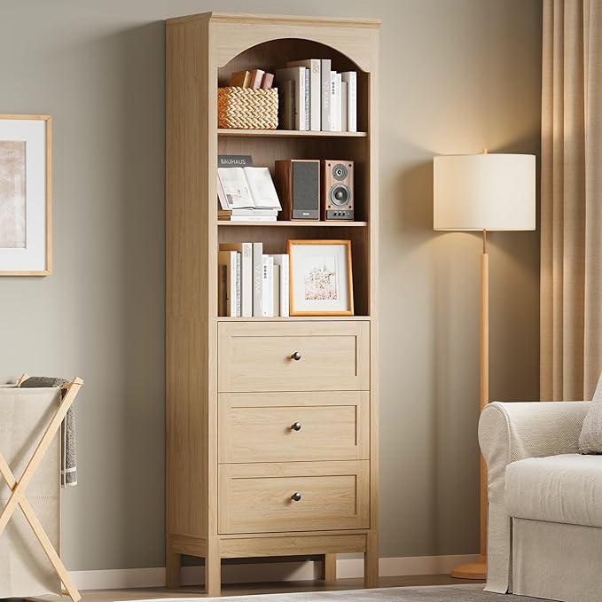 Bookshelf with Drawers, 71" Tall Wood Bookcase with Adjustable Shelf, 24" Wide Arched Book Shelf, Floor Standing Display Storage Cabinet for Home Office, Study and Living Room, Natural Oak