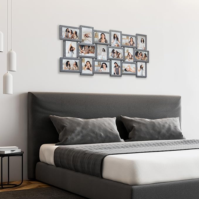 J.M.Deco Collage Picture Frames for Wall Decor, 18-Opening Reunion Family Friends Picture Frame Set, 4 x 6 Photo Frames Collage for Living Room Bedroom, Ashes