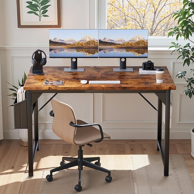 Shahoo 40 Inch Computer Desk, Wood Modern Simple PC Home Office Table for Small Spaces with Storage Bag and Headphone Hook for Home, Office, Study, Writing, Rustic Brown