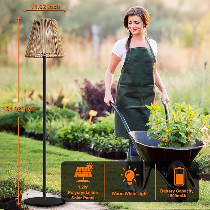 Outdoor Solar Floor Lamp, Garden Rattan Wicker Light, Metal Pole and Base, Waterproof Yard Garden Wedding Home Decor Light -Brown