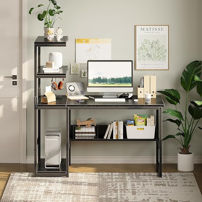 ALISENED 47 Inch Computer Desk with 4-Tier Storage Shelves, Modern Large Office Desk Computer Table Studying Writing Desk Workstation with Bookshelf and Tower Shelf for Home Office