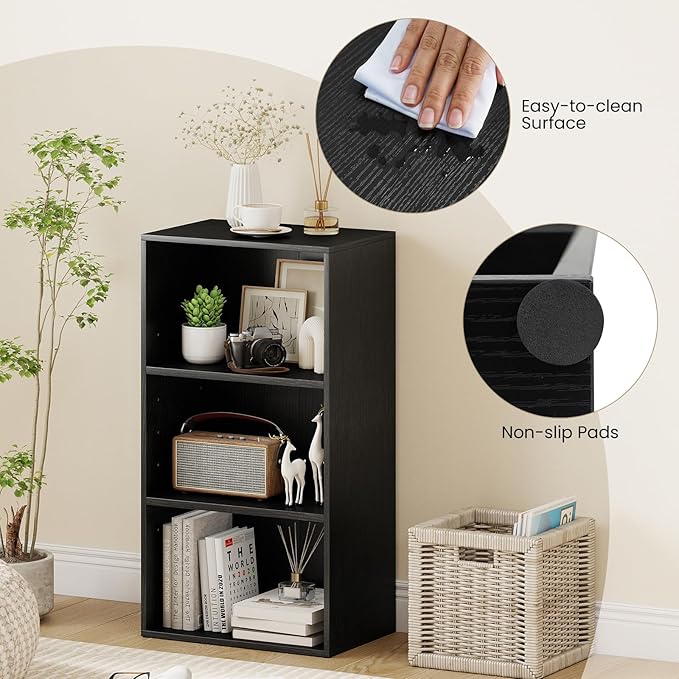 Giantex 3 Tier Bookshelf, Black Bookcase 3 Shelf, Open Cube Storage Orginazer Cabinet, Multi-Functional Home Office Bedroom Furniture Display Book Shelf