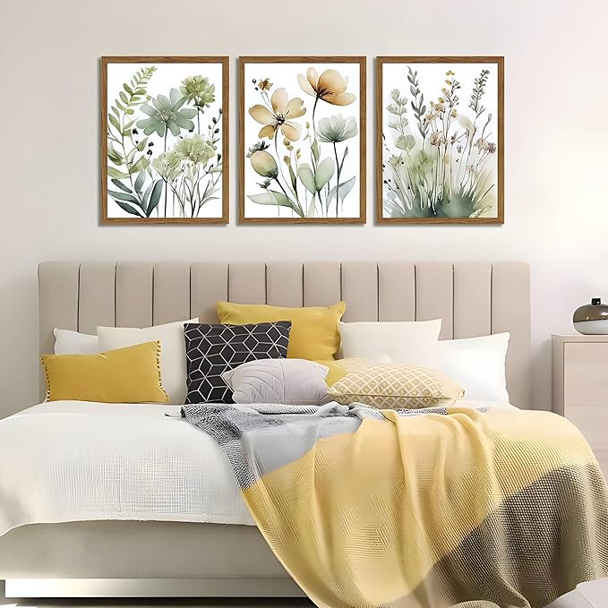 Wood Framed Sage Green Botanical Wall Art Set of 3, Boho Floral Canvas Wall Decor Paintings, Minimalist Flower Posters Prints Pictures for Bedroom Bathroom Living Room Home Decor 12x16 Inch