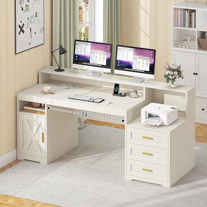 TVU Farmhouse Computer Desk with Drawers, 65'' Home Office Desk with Power Outlets, Storage Cabinet and Printer Stand, Study Writing Desks with Long Monitor Stand, White