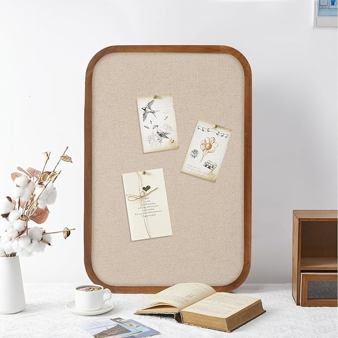 Vintage Framed Pin Board Linen Display Bulletin Board Large Cork Fabric Picture Photo Pinboard Memo Ornate Decorative Pinboard Ornate for Wall Gift(Rectangle,14''x24'',Light Brown)