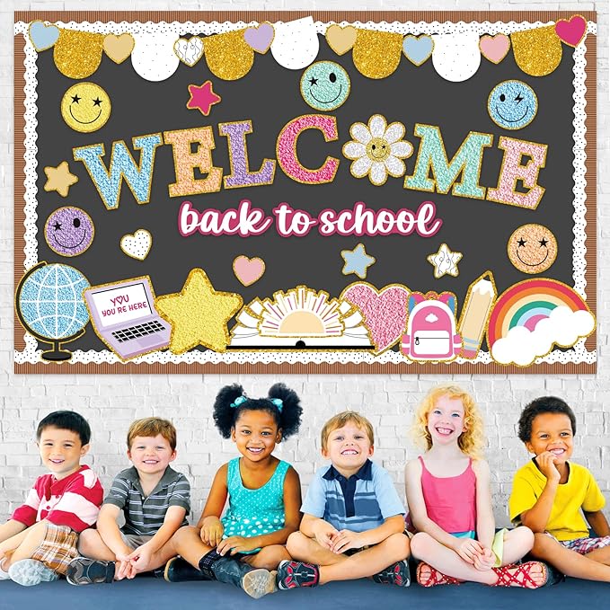 Welcome Back to School Bulletin Board Set Boho Groovy Classroom Decorations Colorful Preppy Face Paper Cutouts for Classroom Nursery Chalkboard Preschool Wall Door Decor Teacher Supplies