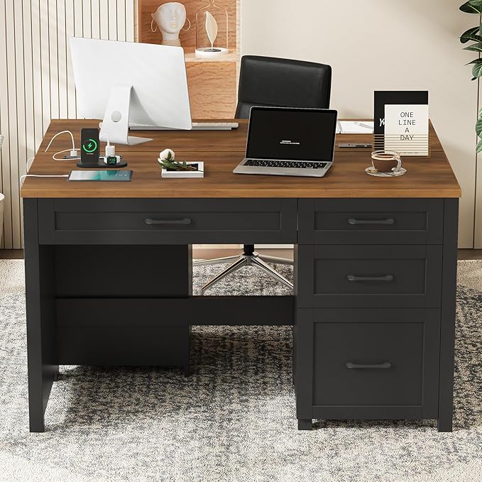 Vabches Farmhouse 47" Executive Desk with 4 Drawers, Computer Desk with File Drawer and Charging Station, Workstation for Home Office, Study.Black Brown