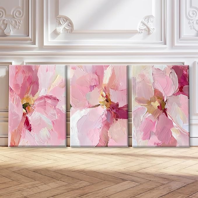 Abstract Floral Wall Art Pink Flower Canvas Pictures Modern Wall Decor Blush Pastel Pink Prints Peony Painting Minimalist Poster Botanical Artwork for Bedroom Living Room 12x16x3 Inch Ready to Hang