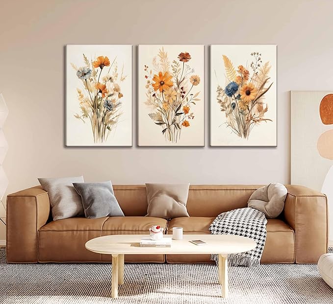 3Pcs Vintage Wildflower Canvas Wall art Country Farmhouse Watercolor Flower Botanical Painting Pictures Wall Decor Floral Poster Print Artwork for Bedroom Living Room Girls Room Decoration