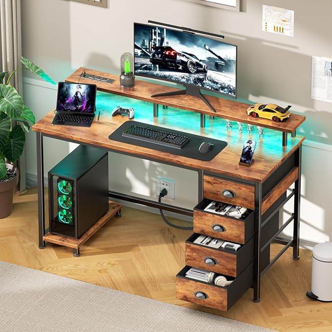 Furologee Computer Desk with Power Outlets & Monitor Stand, 47 Inch Reversible Gaming Desk with LED Lights & 4 Fabric Drawers, Writing Work Table for Home Office, Bedroom, Rustic Brown