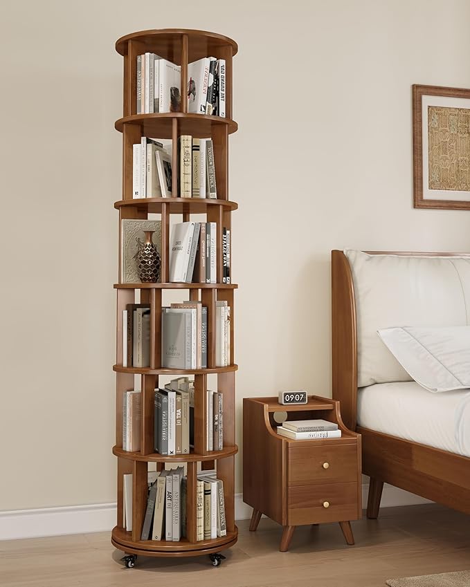 Rotating Bookshelf, 6 Tier Solid Wood Bookshelf Tower with Lockable Wheels, 360° Spinning Revolving Bookcase for Small Spaces, Corners, Bedroom, Kids Room, Home Office, Walnut