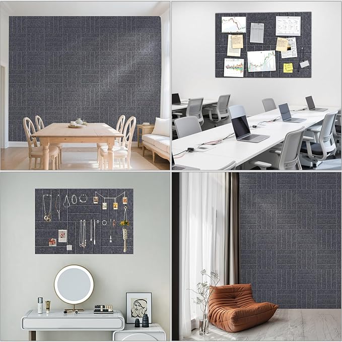 Large Cork Board Strips for Wall, 36" x 24" Bulletin Board, 6 Pack Fabric Wall Tiles with Pushpins, Adhesive Cork Board for Office, Sound Absorbing Bulletin Board Set for Home Music Class, Dark Gray