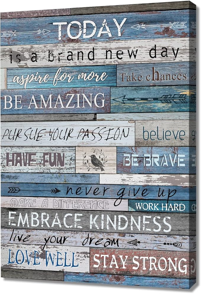 WOWGOOMO Blue Inspirational Canvas Wall Art for Office Positive Quotes Wall Decor Rustic Wood Grain Motivational Theme Poster for Bedroom Classroom Home Walls Framed Office Artwork for Men Teens 12x16